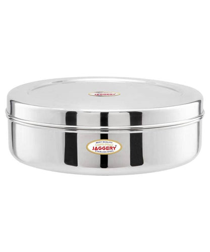 JAGGERY Steel Heavy Mirror Finished Papad Dabba/Multi Purpose Container (Dia- 24cm)