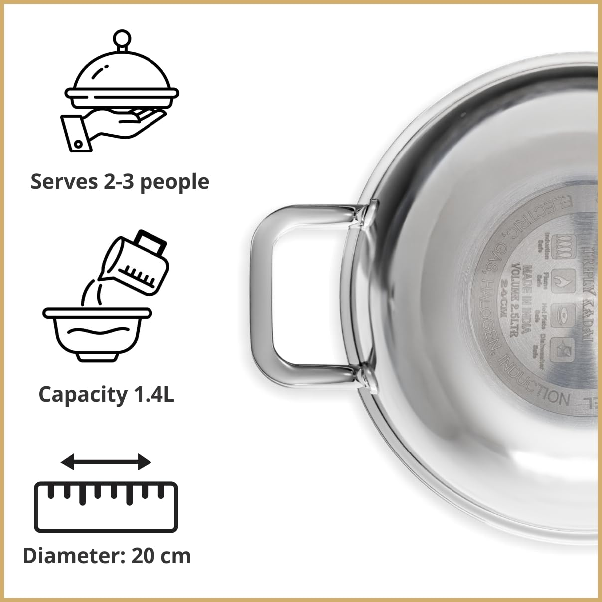 JAGGERY Triply Stainless Steel 1.4 litres Kadai with Stainless Steel Lid, 20 cm Kadhai with Lid, 3 Layer Stainless Steel Cookware, Induction Bottom and Gas Stove Ready