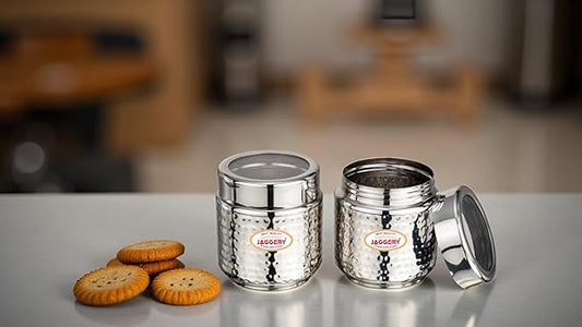JAGGERY Stainless Steel Kitchen Storage Containers with Hammered Design, Airtight Lids (300ml,Set of 2)