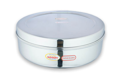 JAGGERY Steel Heavy Mirror Finished Papad Dabba/Multi Purpose Container (Dia- 28cm)