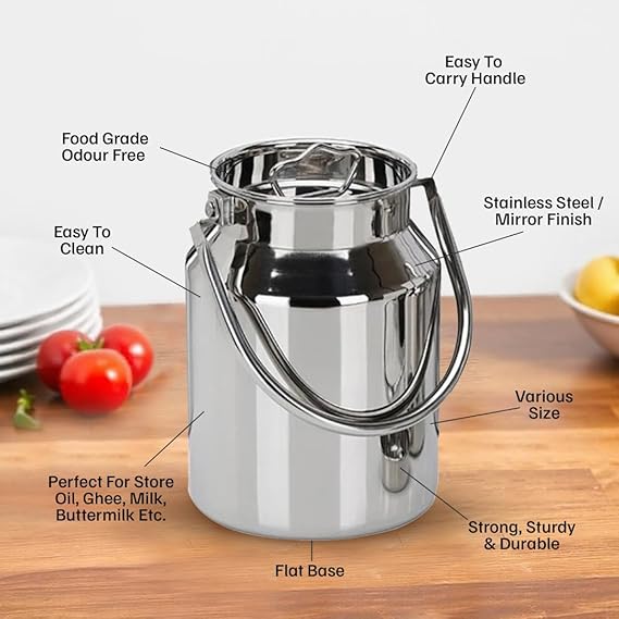 Vinod Stainless Steel Jointless Barni/Steel Milk Can/Oil Can/Milk Container/Liquid Container (6.5 ltr)