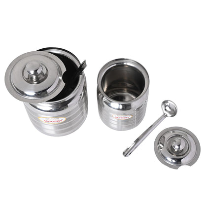 JAGGERY Stainless Steel Ghee Pot, Oil Container with spoon, Silver Touch Finish (pack of 2pcs) Capacity-600ml, (Dia-9cm, H-10.5cm)