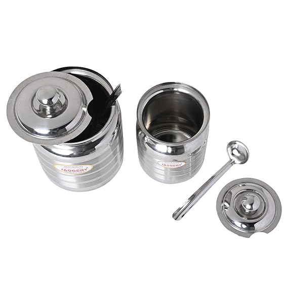 JAGGERY Stainless Steel Ghee Pot, Oil Container with spoon, Silver Touch Finish (pack of 2pcs) Capacity-600ml, (Dia-9cm, H-10.5cm)