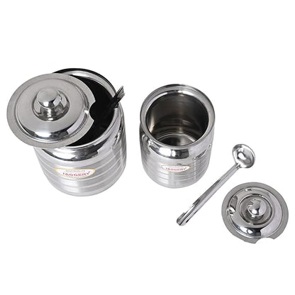 JAGGERY Stainless Steel Ghee Pot, Oil Container with spoon, Silver Touch Finish (pack of 2pcs) Capacity-600ml, (Dia-9cm, H-10.5cm)