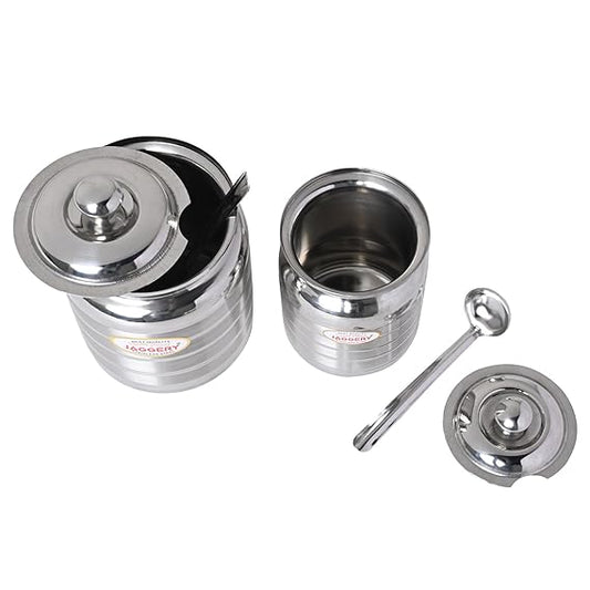 JAGGERY Stainless Steel Ghee Pot, Oil Container with spoon, Silver Touch Finish (pack of 2pcs) Capacity-600ml, (Dia-9cm, H-10.5cm)