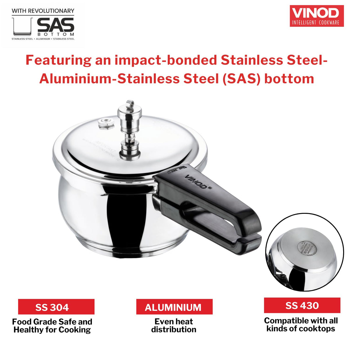 Vinod Splendid Plus Stainless Steel Outer Lid Pressure Cooker, Extra Glass Lid | ISI & CE Certified