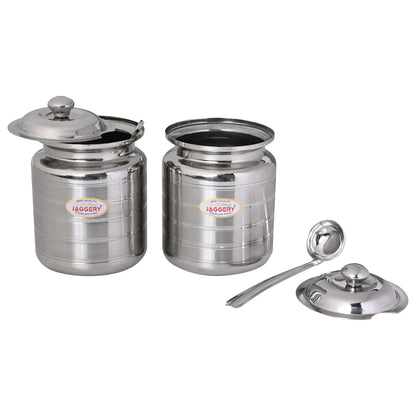 JAGGERY Stainless Steel Ghee Oil Pot Container Kitchen Storage, Dispenser Oil Container With Lid And Spoon (pack of 2pcs) Capacity-450ml