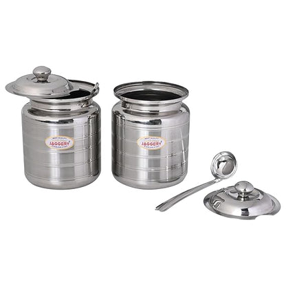 JAGGERY Stainless Steel Ghee Oil Pot Container Kitchen Storage, Dispenser Oil Container With Lid And Spoon (pack of 2pcs) Capacity-350ml