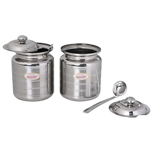 JAGGERY Stainless Steel Ghee Oil Pot Container Kitchen Storage, Dispenser Oil Container With Lid And Spoon (pack of 2pcs) Capacity-450ml