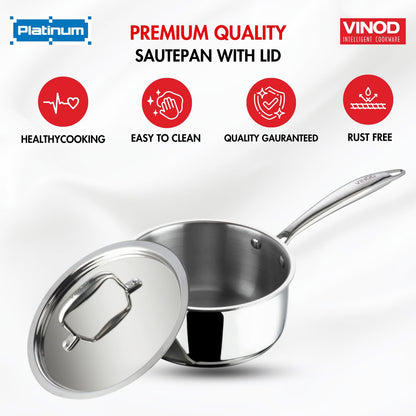 Vinod Platinum Triply Stainless Steel Saucepan with Stainless Steel Lid | 2.5 mm Thick | Tea, Chai Pan | Induction & Gas Friendly | 5 Year Warranty