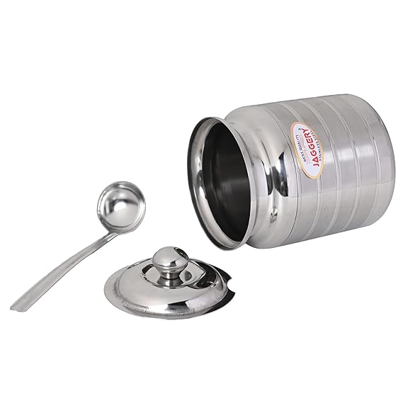 JAGGERY Stainless Steel Ghee Oil Pot Container Kitchen Storage, Dispenser Oil Container With Lid And Spoon (pack of 1pcs) Capacity-600ml, (Dia-9cm, H-10.5cm)