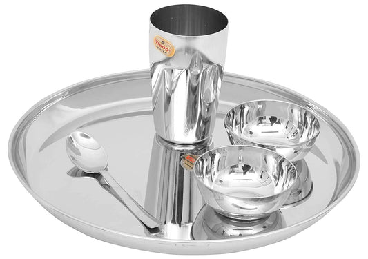 Vinod Stainless Steel 20 pcs Thali Set/Dinner Set/Bhojan Set of Dinner Plate, Katori Bowl, Glass, Spoon (Assembled Dinnerware) kh13