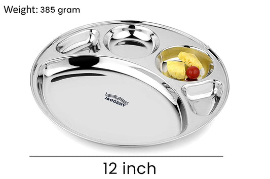 JAGGERY Stainless Steel 5 in 1 Round Compartment Tray/Deep katori Devided Bhojan Thali/Lunch/5 Partition Dinner Plate (Dia - 12 Inch, Set of 2)