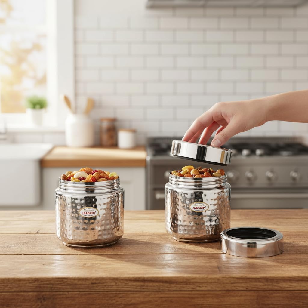 JAGGERY Stainless Steel 200 ml Hammered Container, Thread Dabbi, Airtight Dry Fruit Dabba with Seethrough Lid