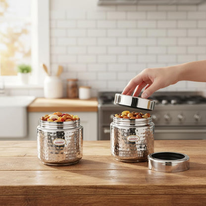 JAGGERY Stainless Steel 200 ml Hammered Container, Thread Dabbi, Airtight Dry Fruit Dabba with Seethrough Lid