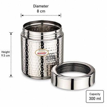 JAGGERY Stainless Steel 300 ml Hammered Container, Thread Dabbi, Airtight Dry Fruit Dabba with Seethrough Lid