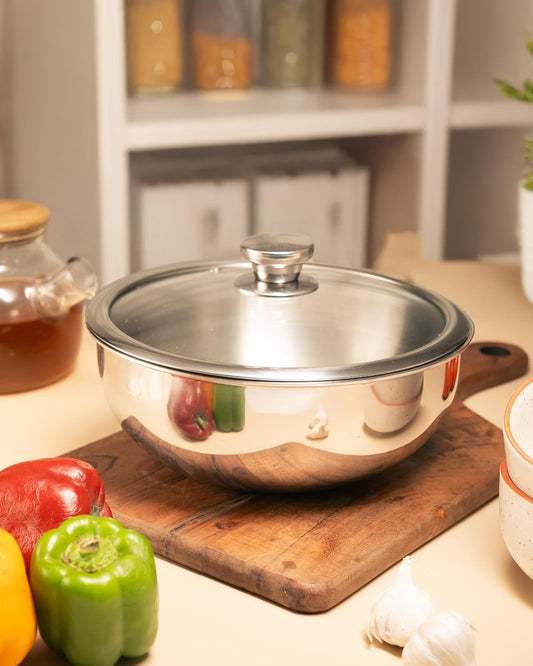 JAGGERY Triply Cookware Combo Set | 2.5 L Deep Tasla & 22 cm Frypan with Common Glass Lid | Induction Friendly Triply Stainless Steel Cookware | Heavy Duty Even Heat Distribution