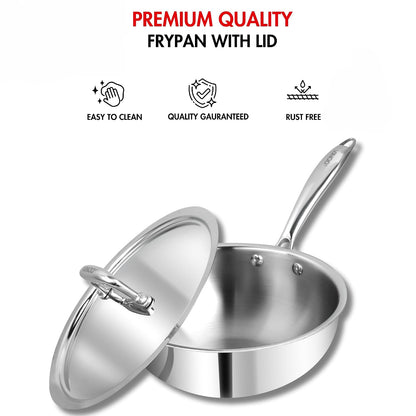 Vinod Platinum Triply Stainless Steel Deep Frying Pan with Lid | 2.5 mm Thick Triply Cookware | Induction and Gas Compatible