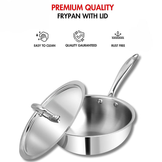 Vinod Platinum Triply Stainless Steel Deep Frying Pan with Lid | 2.5 mm Thick Triply Cookware | Induction and Gas Compatible