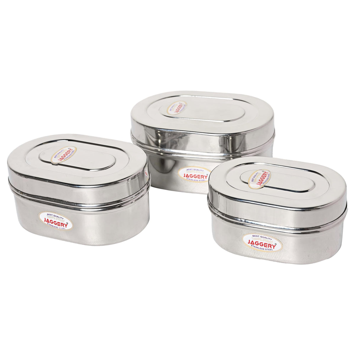JAGGERY Stainless Steel Oval Shape steel Container with Steel Lid (3 PCS)
