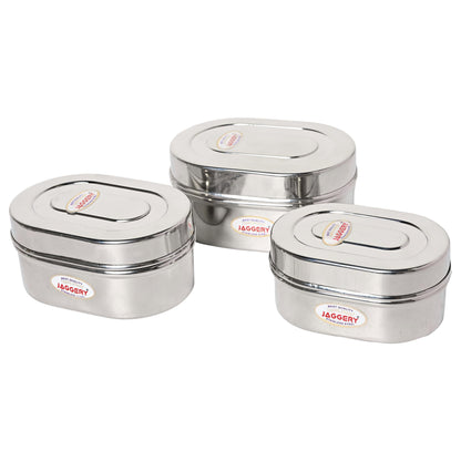 JAGGERY Stainless Steel Oval Shape steel Container with Steel Lid (3 PCS)