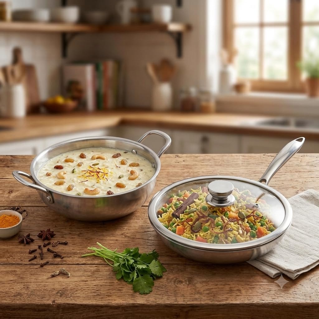 JAGGERY Triply Cookware Combo Set | 2.5 L Deep Kadai & 22 cm Frypan with Common Glass Lid | Induction Friendly Triply Stainless Steel Cookware | Heavy Duty Even Heat Distribution