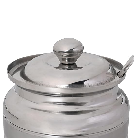 JAGGERY Stainless Steel Ghee Oil Pot Container Kitchen Storage, Dispenser Oil Container With Lid And Spoon (pack of 1pcs) Capacity-600ml, (Dia-9cm, H-10.5cm)