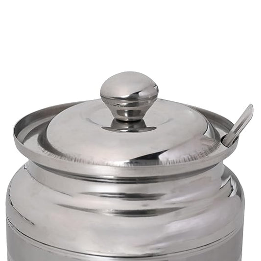 JAGGERY Stainless Steel Ghee Oil Pot Container Kitchen Storage, Dispenser Oil Container With Lid And Spoon (pack of 1pcs) Capacity-600ml, (Dia-9cm, H-10.5cm)