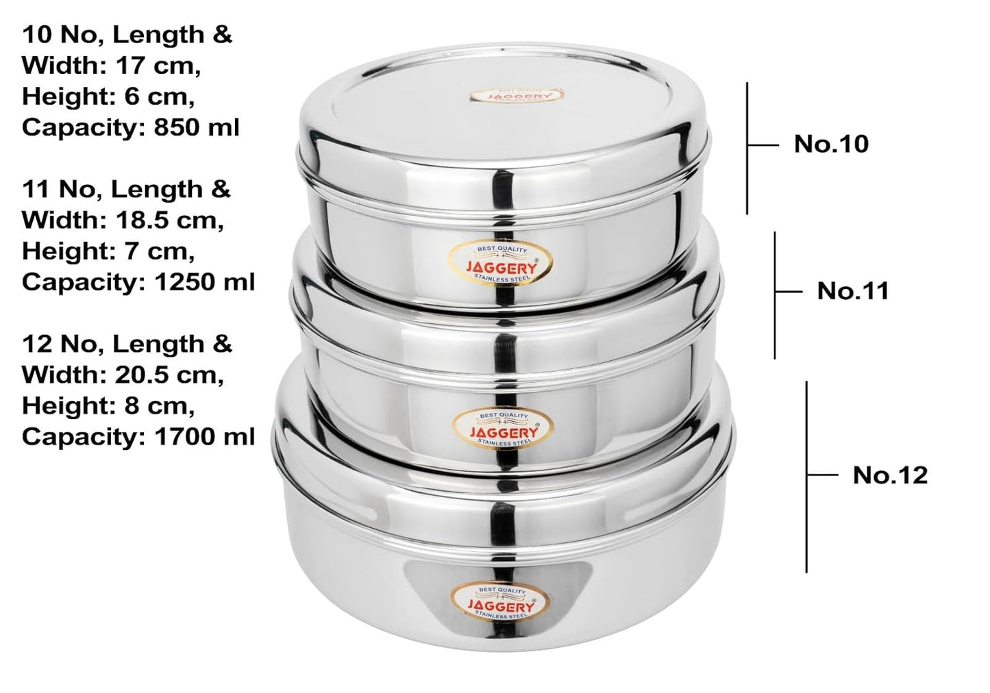 JAGGERY® Stainless Steel Container 3 Pcs Set, Puri Dabba Round Shape -Capacity-800ml,1000ml,1300ml, (Dia-17cm,18.5cm,20cm) useful to Keep Roti,Chapati and parantha