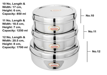 JAGGERY® Stainless Steel Container 3 Pcs Set, Puri Dabba Round Shape -Capacity-800ml,1000ml,1300ml, (Dia-17cm,18.5cm,20cm) useful to Keep Roti,Chapati and parantha