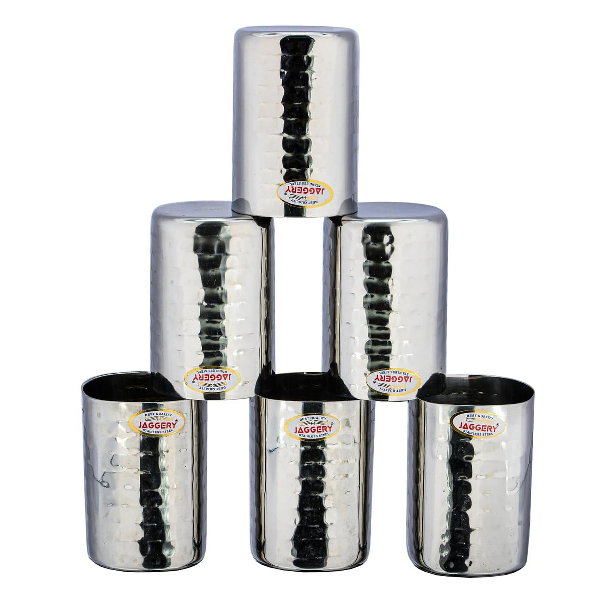 JAGGERY Stainless Steel Hammered Glass Set | Square Shape | Mirror Finish | 6 Pcs | 300 Ml Each