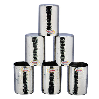 JAGGERY Stainless Steel Hammered Glass Set | Square Shape | Mirror Finish | 6 Pcs | 300 Ml Each
