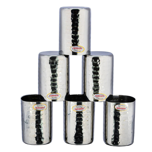 JAGGERY Stainless Steel Hammered Glass Set | Square Shape | Mirror Finish | 6 Pcs | 300 Ml Each