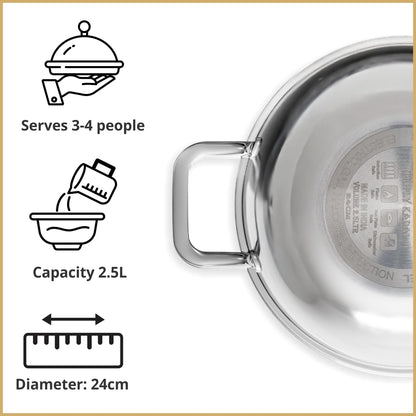 JAGGERY Triply Stainless Steel 2.5 litres Kadai with Stainless Steel Lid, 24 cm Kadhai with Lid, 3 Layer Stainless Steel Cookware, Induction Bottom and Gas Stove Ready