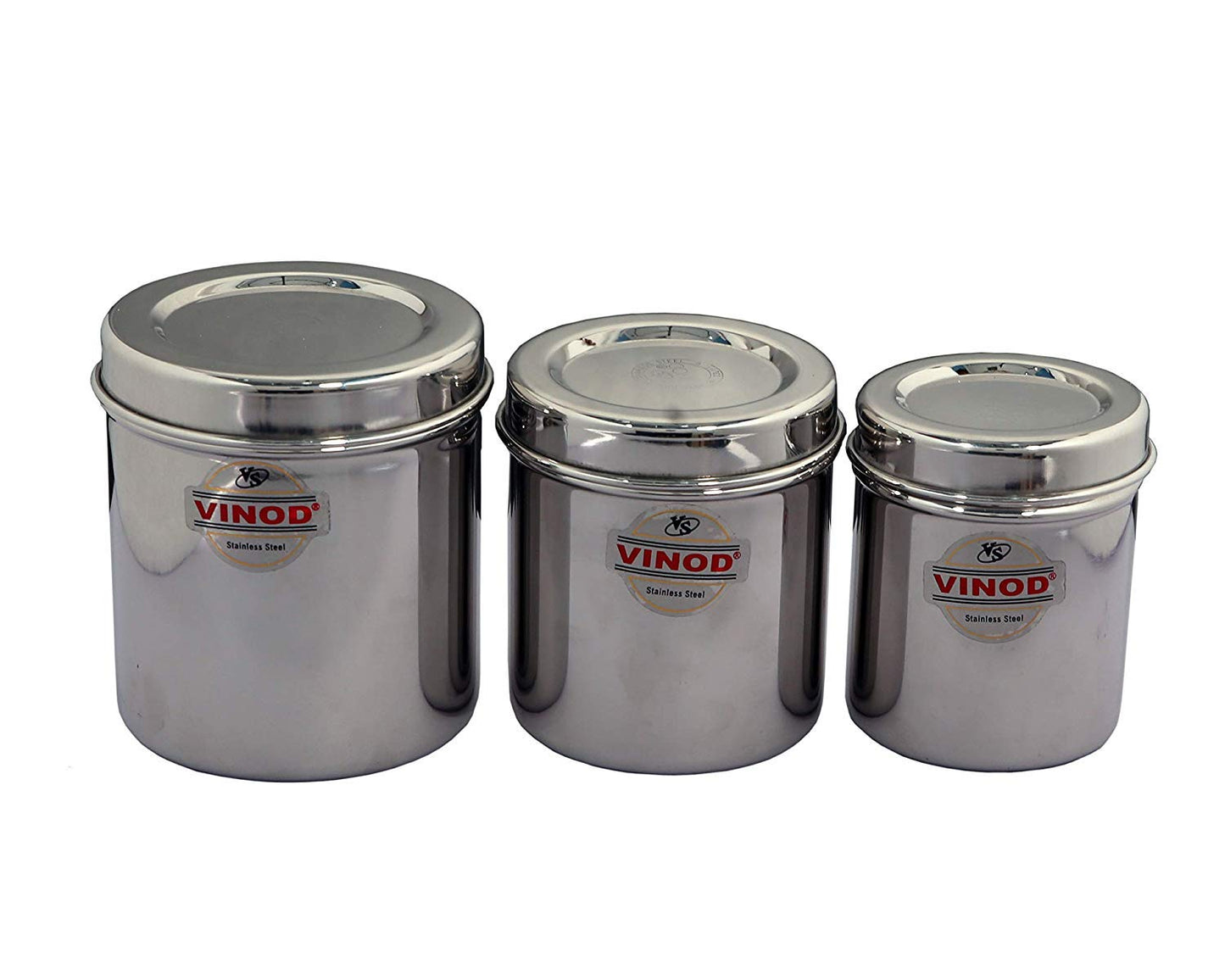 Vinod Stainless Steel Container with Lid - 800 ml, 1 L, 1.2 L, 3 Pieces, Silver