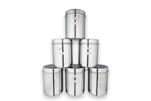 JAGGERY Stainless Steel Tall Container, Ubha Dabba (Set Of 6) (Dia_9 CM, Height_12 CM, Capacity_ 500 ML),Silver