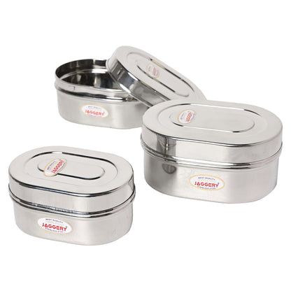 JAGGERY Stainless Steel Oval Shape steel Container with Steel Lid (3 PCS)