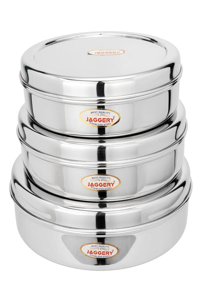 JAGGERY® Stainless Steel Container 3 Pcs Set, Puri Dabba Round Shape -Capacity-800ml,1000ml,1300ml, (Dia-17cm,18.5cm,20cm) useful to Keep Roti,Chapati and parantha