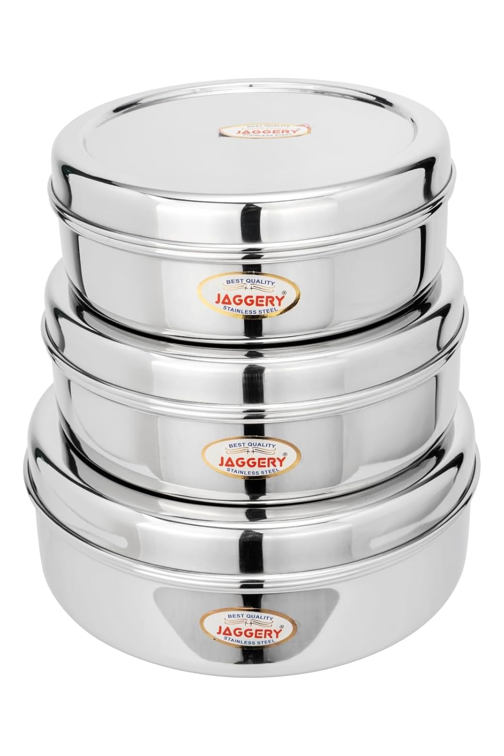 JAGGERY® Stainless Steel Container 3 Pcs Set, Puri Dabba Round Shape -Capacity-800ml,1000ml,1300ml, (Dia-17cm,18.5cm,20cm) useful to Keep Roti,Chapati and parantha