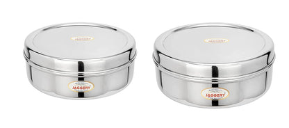 JAGGERY Stainless Steel Container Useful as Tiffin or Lunch Pack/Fridge Storage Box/Steel Puri Dabba-Set of 2pcs(Dia-17cm,19cm) Capacity-950, 1250ml