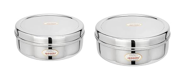 JAGGERY Stainless Steel Container Useful as Tiffin or Lunch Pack/Fridge Storage Box/Steel Puri Dabba-Set of 2pcs (Dia-19cm, 20.5cm) Capacity-1250, 1800ml