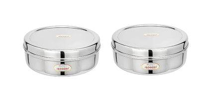 JAGGERY Stainless Steel Container Useful as Tiffin or Lunch Pack/Fridge Storage Box/Steel Puri Dabba-Set of 2pcs (Dia-19cm, 20.5cm) Capacity-1250, 1800ml