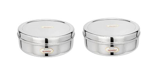 JAGGERY Stainless Steel Container Useful as Tiffin or Lunch Pack/Fridge Storage Box/Steel Puri Dabba-Set of 2pcs (Dia-19cm, 20.5cm) Capacity-1250, 1800ml