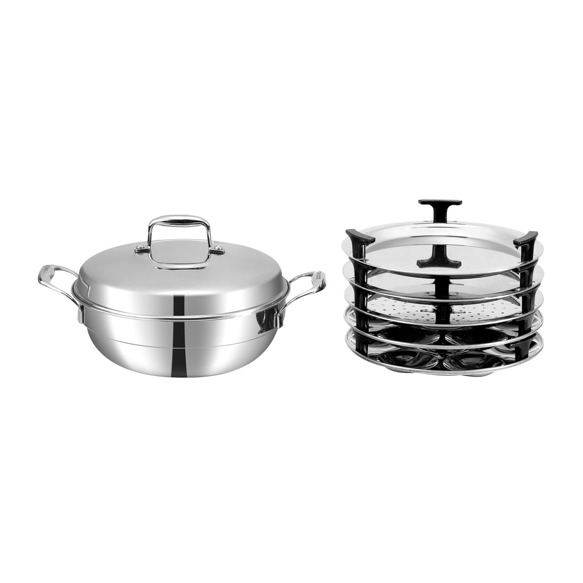 Vinod Stainless Steel Multi Kadai, 26 cm – 5 Plates (2 Idli, 2 Dhokla, 1 Patra) | Heavy Gauge All-in-One Idli Cooker & Steamer |