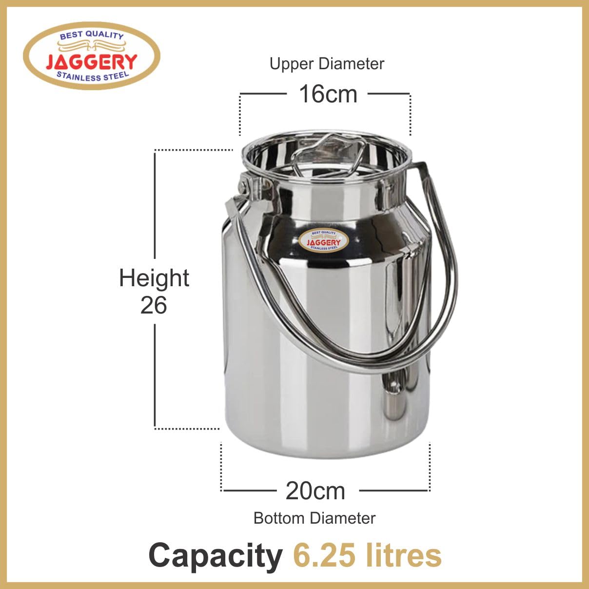 JAGGERY Stainless Steel Jointless Barni/Steel Milk Can/Oil Can/Milk Container/Liquid Container (Approx 6.25 litre/6250ml)