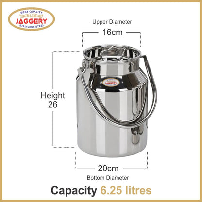 JAGGERY Stainless Steel Jointless Barni/Steel Milk Can/Oil Can/Milk Container/Liquid Container (Approx 6.25 litre/6250ml)