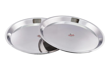 Vinod Stainless Steel Breakfast/Lunch/Dinner Plates with High Shiny Polish (Heavy Gauge) Bhojan Thali (Pack of 2, Dia- 34 cm)