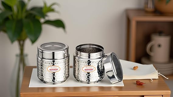 JAGGERY Stainless Steel Kitchen Storage Containers with Hammered Design, Airtight Lids (400ml,Set of 2)