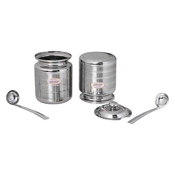 JAGGERY Stainless Steel Ghee Oil Pot Container Kitchen Storage, Dispenser Oil Container With Lid And Spoon (pack of 2pcs) Capacity-350ml