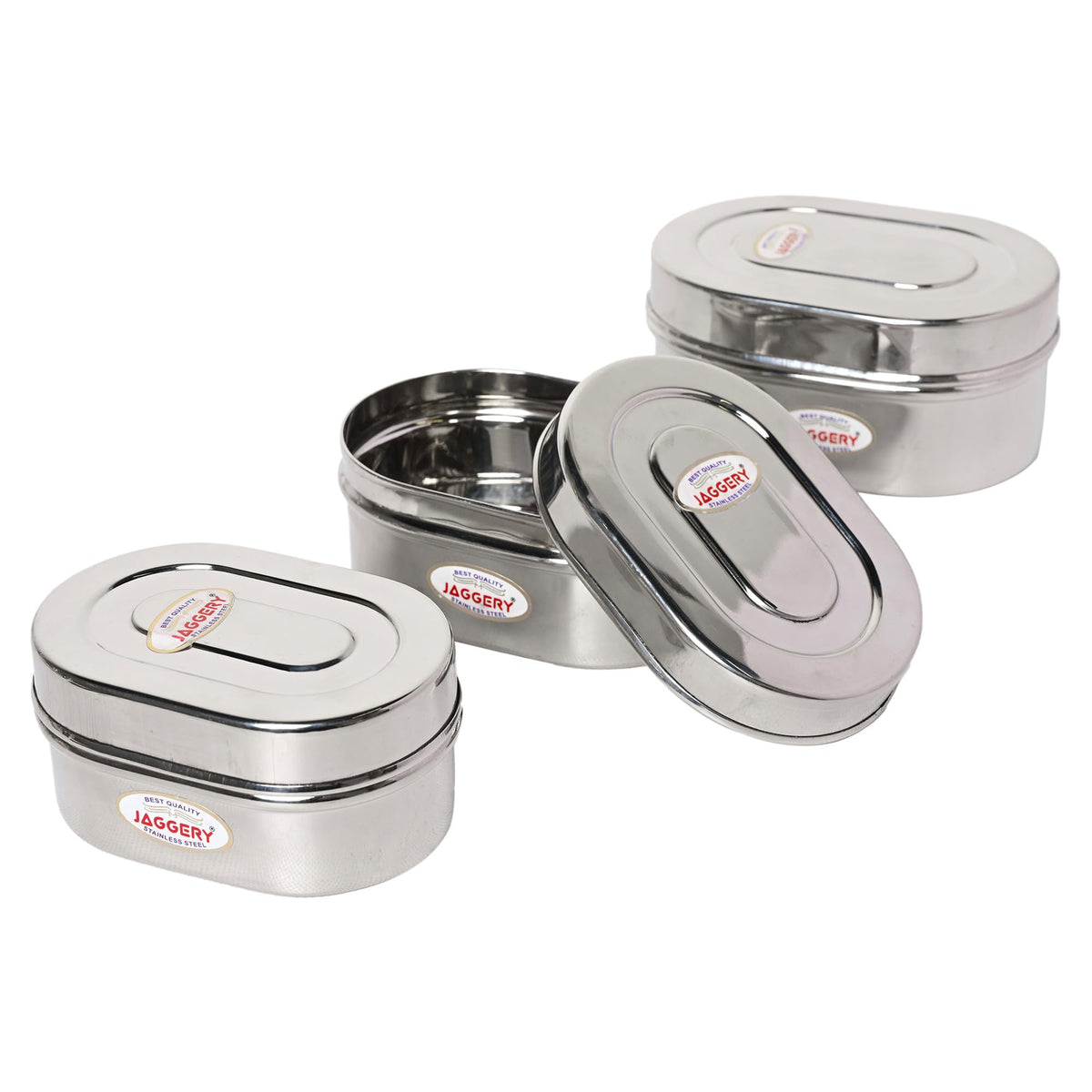 JAGGERY Stainless Steel Oval Shape steel Container with Steel Lid (3 PCS)